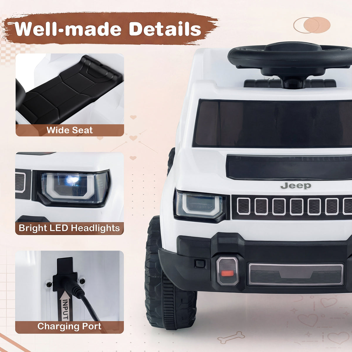 12V Kids Ride On Car Licensed Jeep Electric Vehicle with LED Lights for 18-96 Months-White