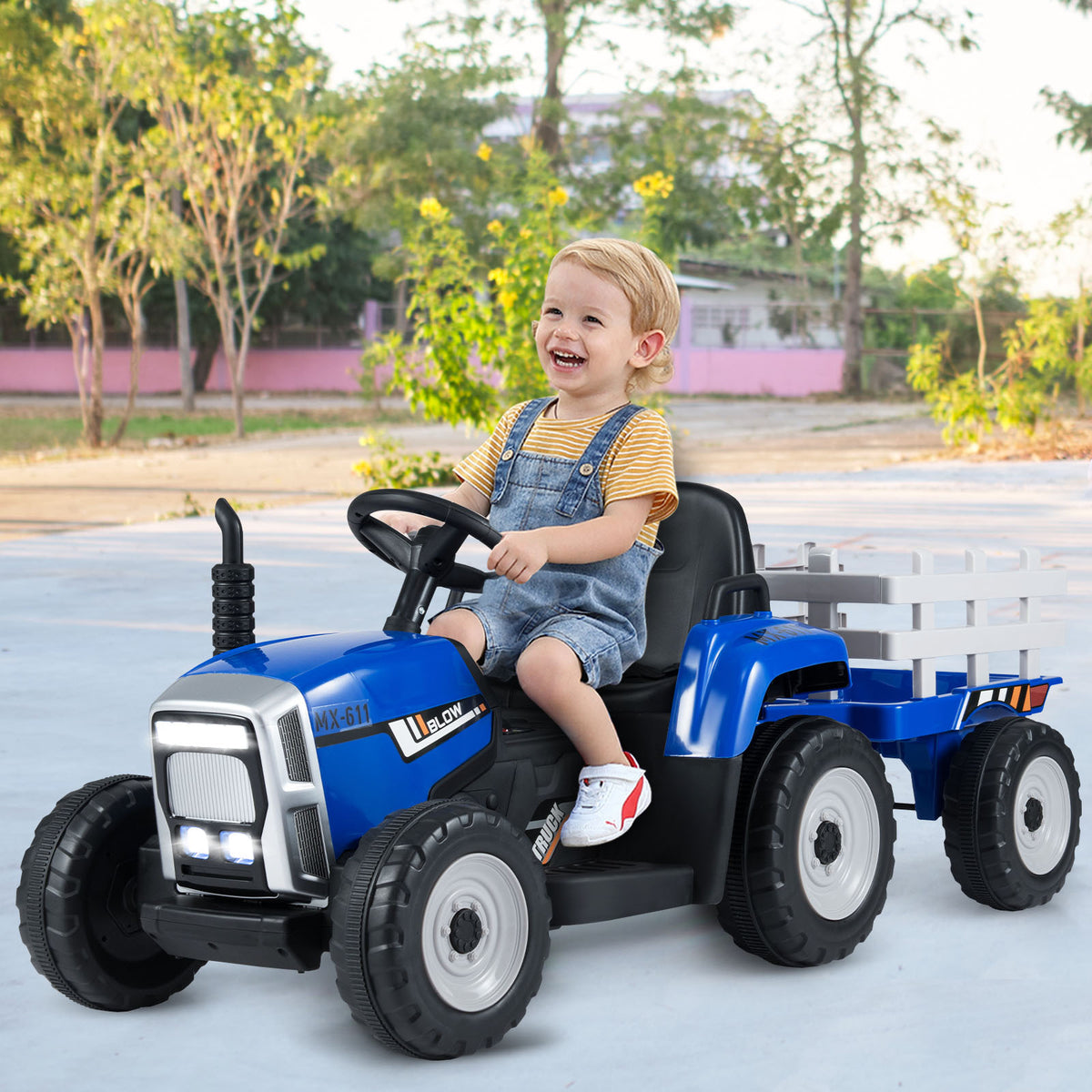 12V Kids Ride On Tractor with Trailer Music and LED Lights-Blue