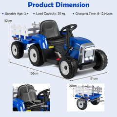 12V Kids Ride On Tractor with Trailer Music and LED Lights-Blue