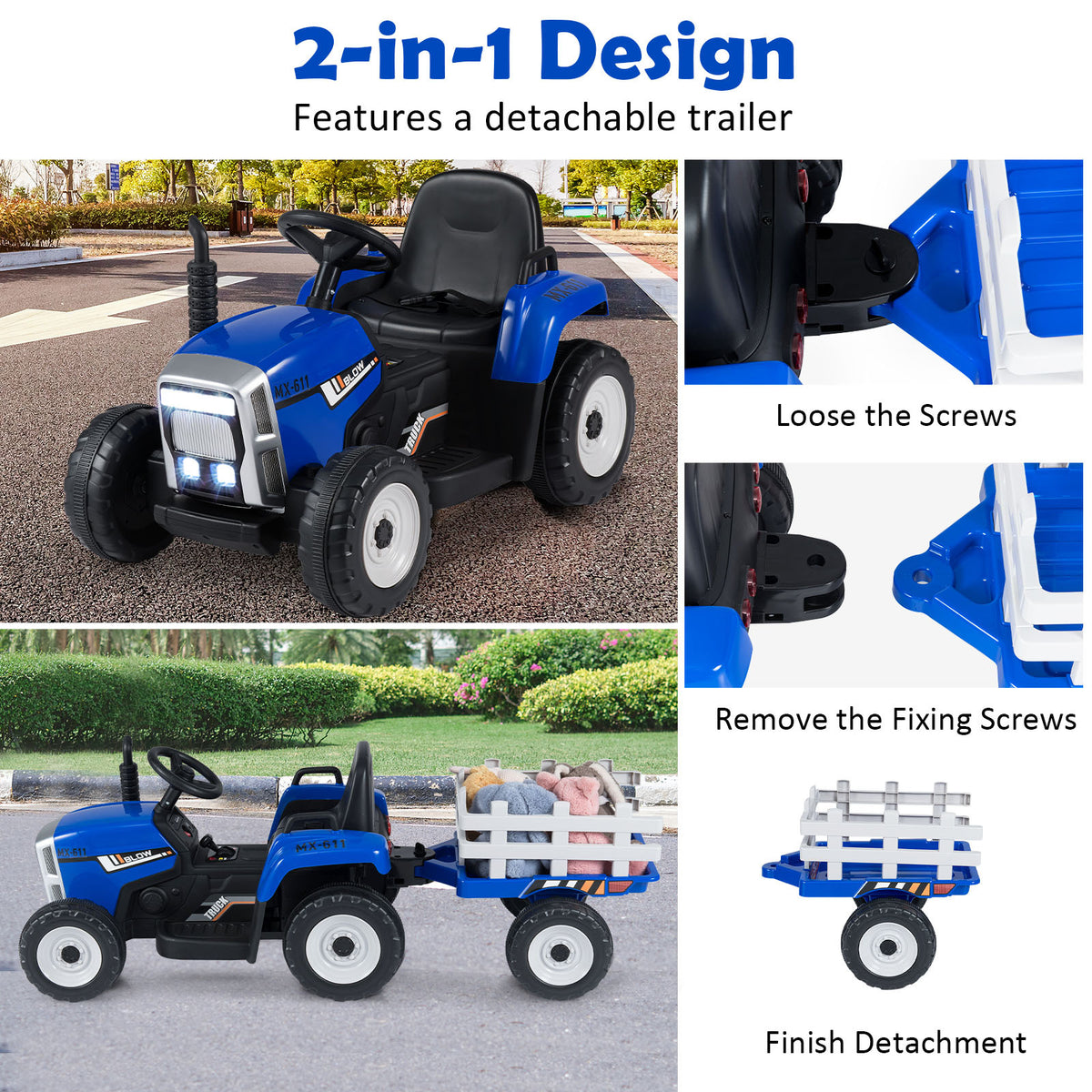 12V Kids Ride On Tractor with Trailer Music and LED Lights-Blue