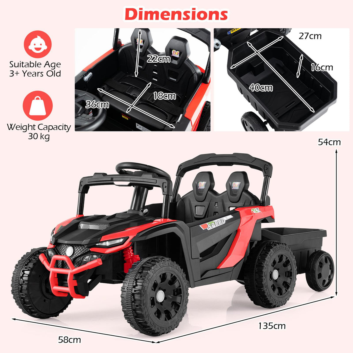 12V Kids Ride On UTV Tractor with Detachable Trailer-Red