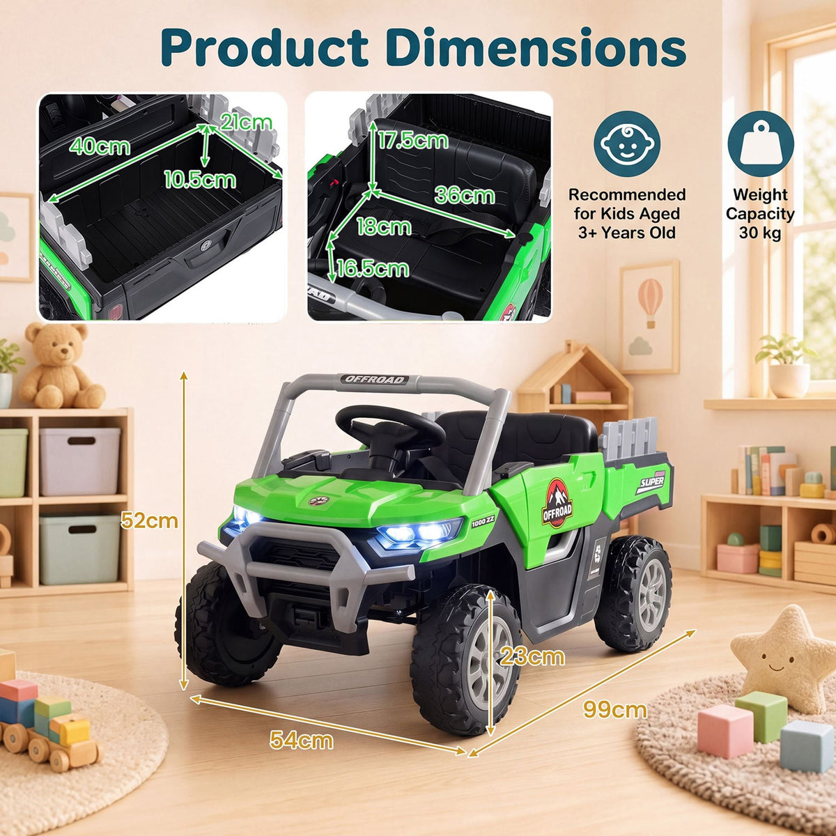 12V Kids Ride on Car with Dual 50W Motors and Remote Control-Green