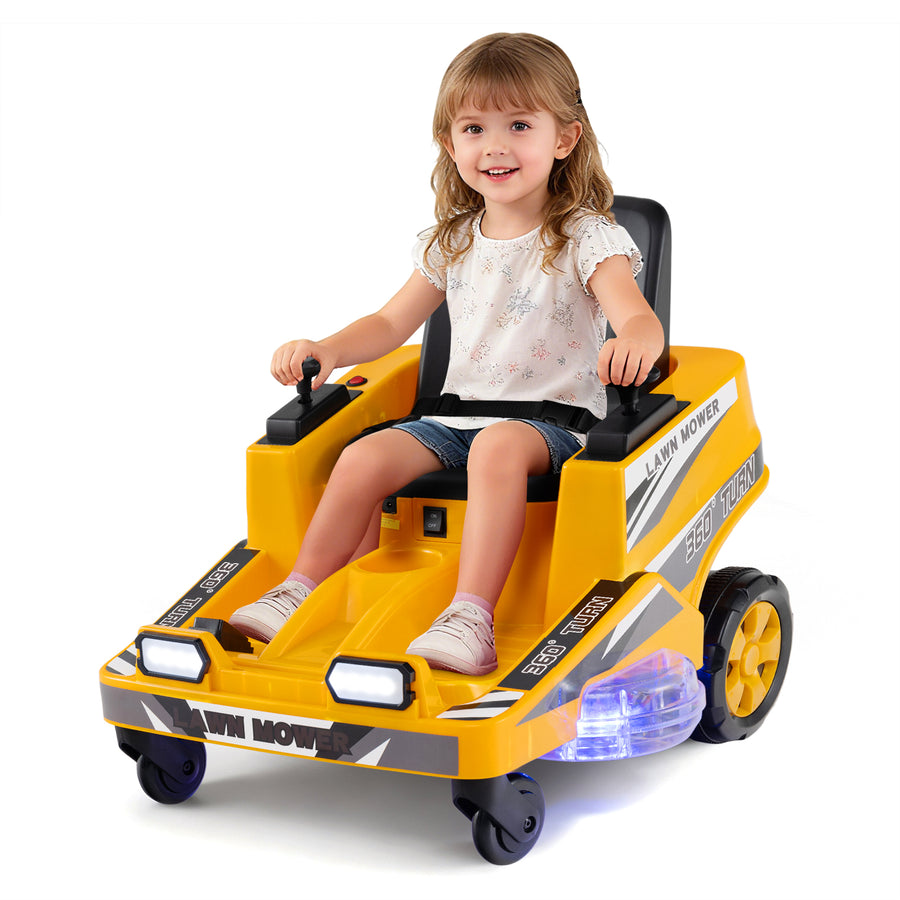 12V Ride on Lawn Mower for Kids with Dual Control Sticks and LED Lights-Yellow