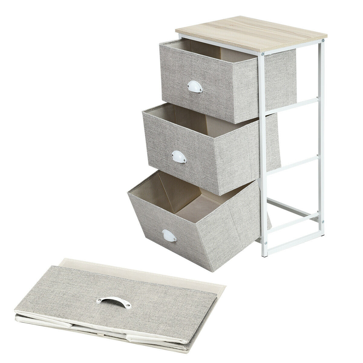 3/4 Fabric Nightstand Bedside Storage Cabinet Folding Drawers-3-Tier-White