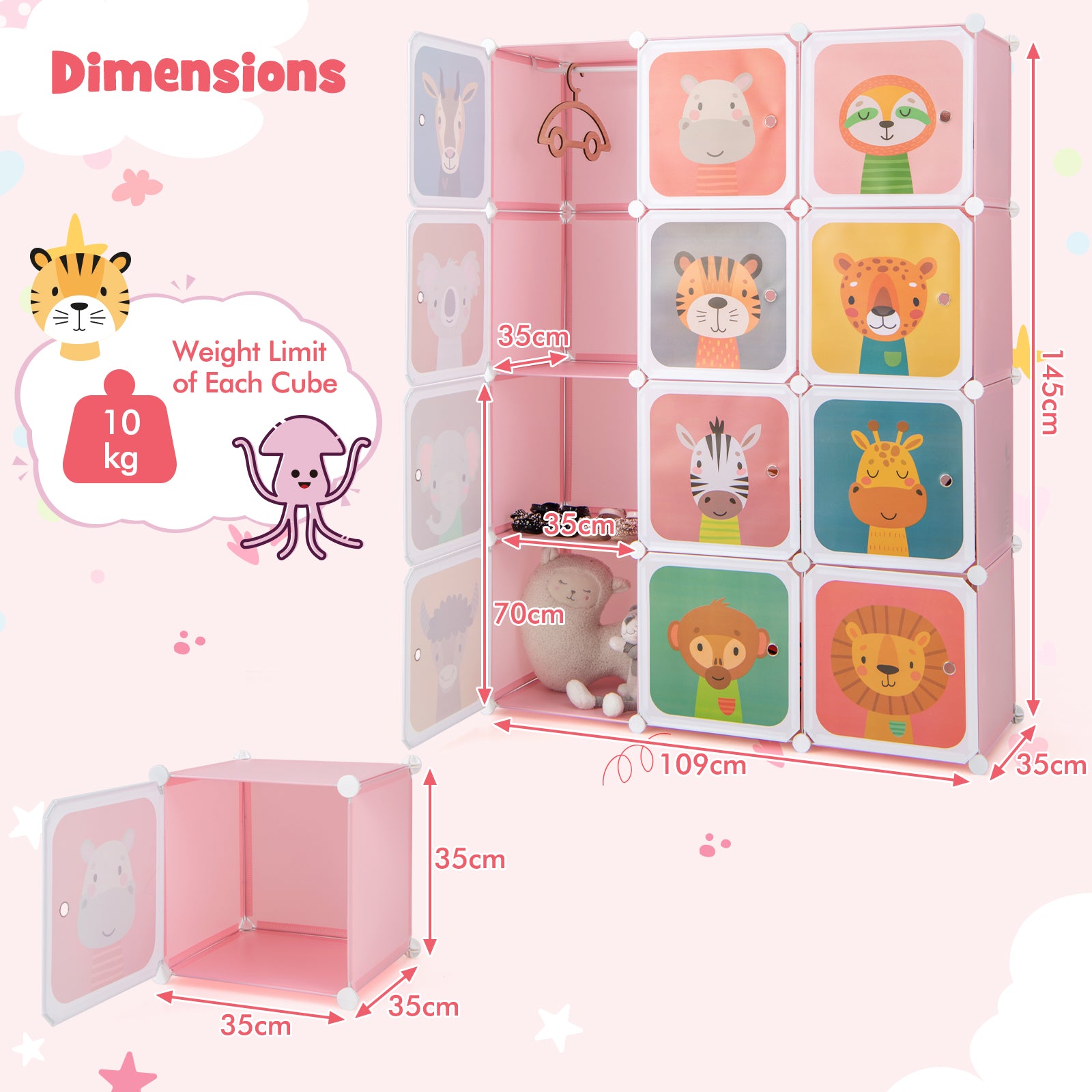 12 Cube Portable Kids Wardrobe with Hanging Section-Pink