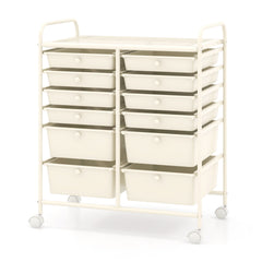 12 Drawers Rolling Storage Cart with 4 Wheels and Brakes-White