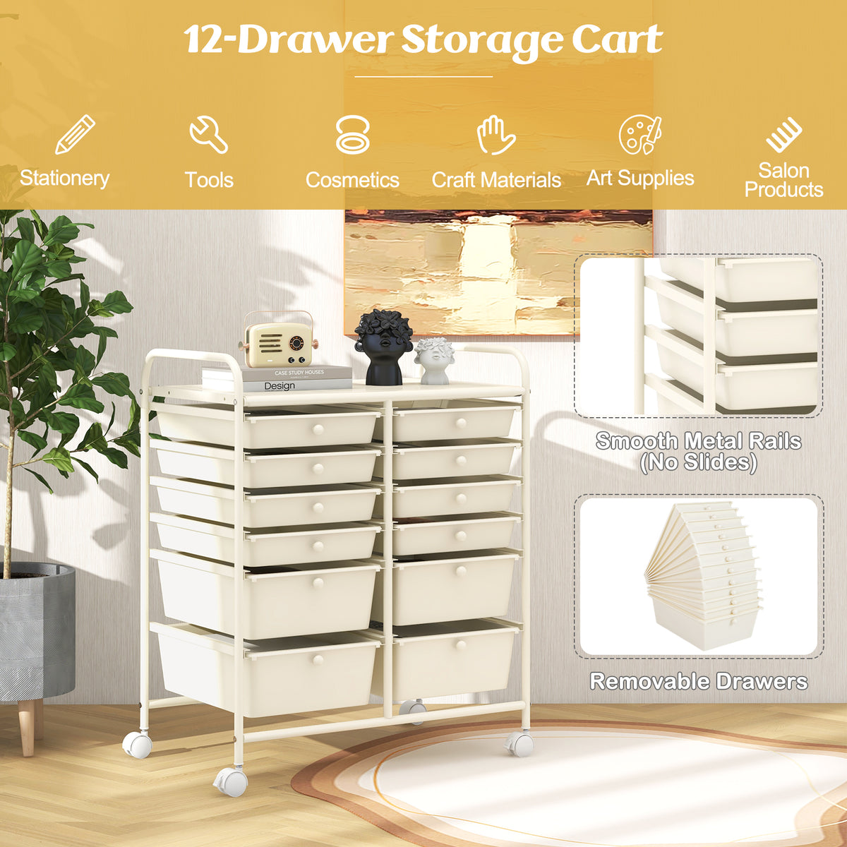 12 Drawers Rolling Storage Cart with 4 Wheels and Brakes-White