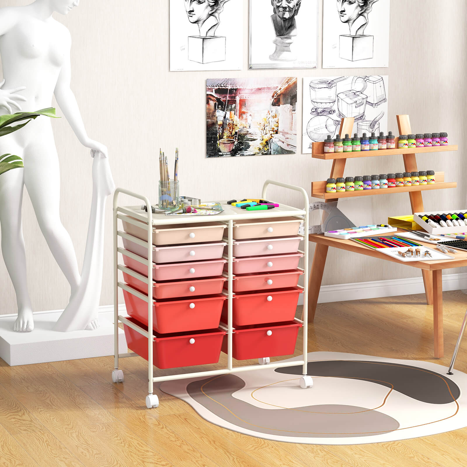12 Drawers Rolling Storage Cart with 4 Wheels and Brakes-Gradient Pink