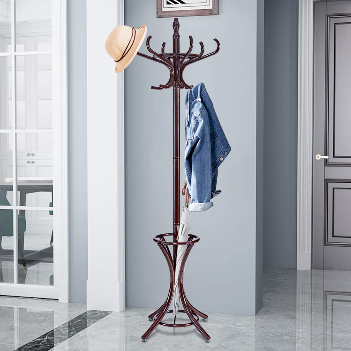 Floor Standing Hat Coat Wood Hanger w/ Umbrella Rack Prestige-Mahogany