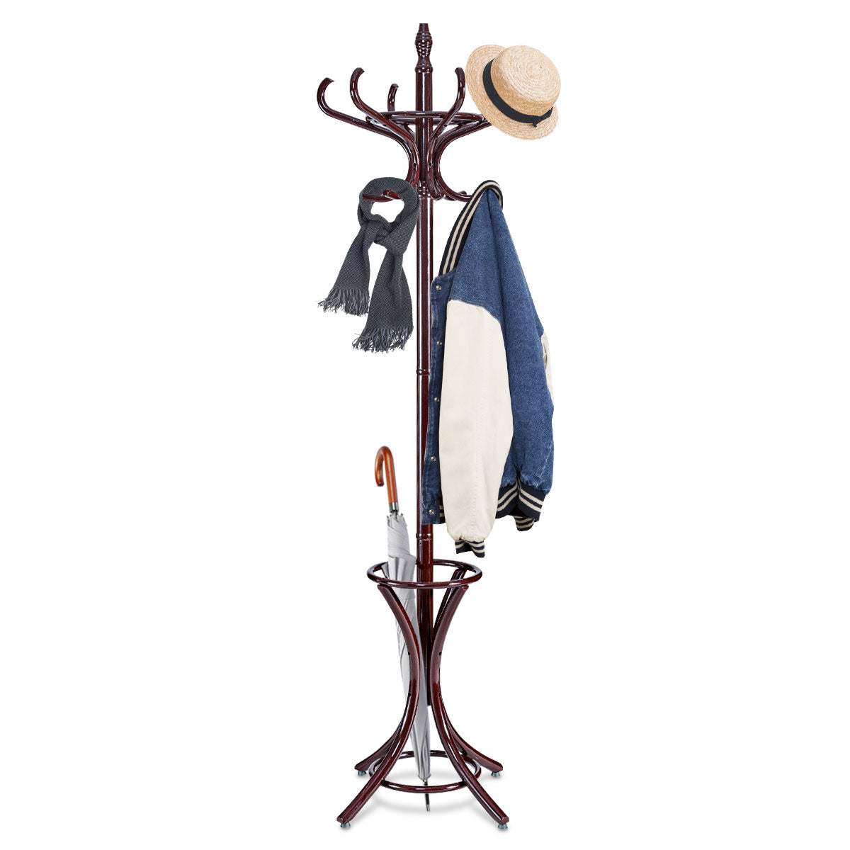 Floor Standing Hat Coat Wood Hanger w/ Umbrella Rack Prestige-Mahogany