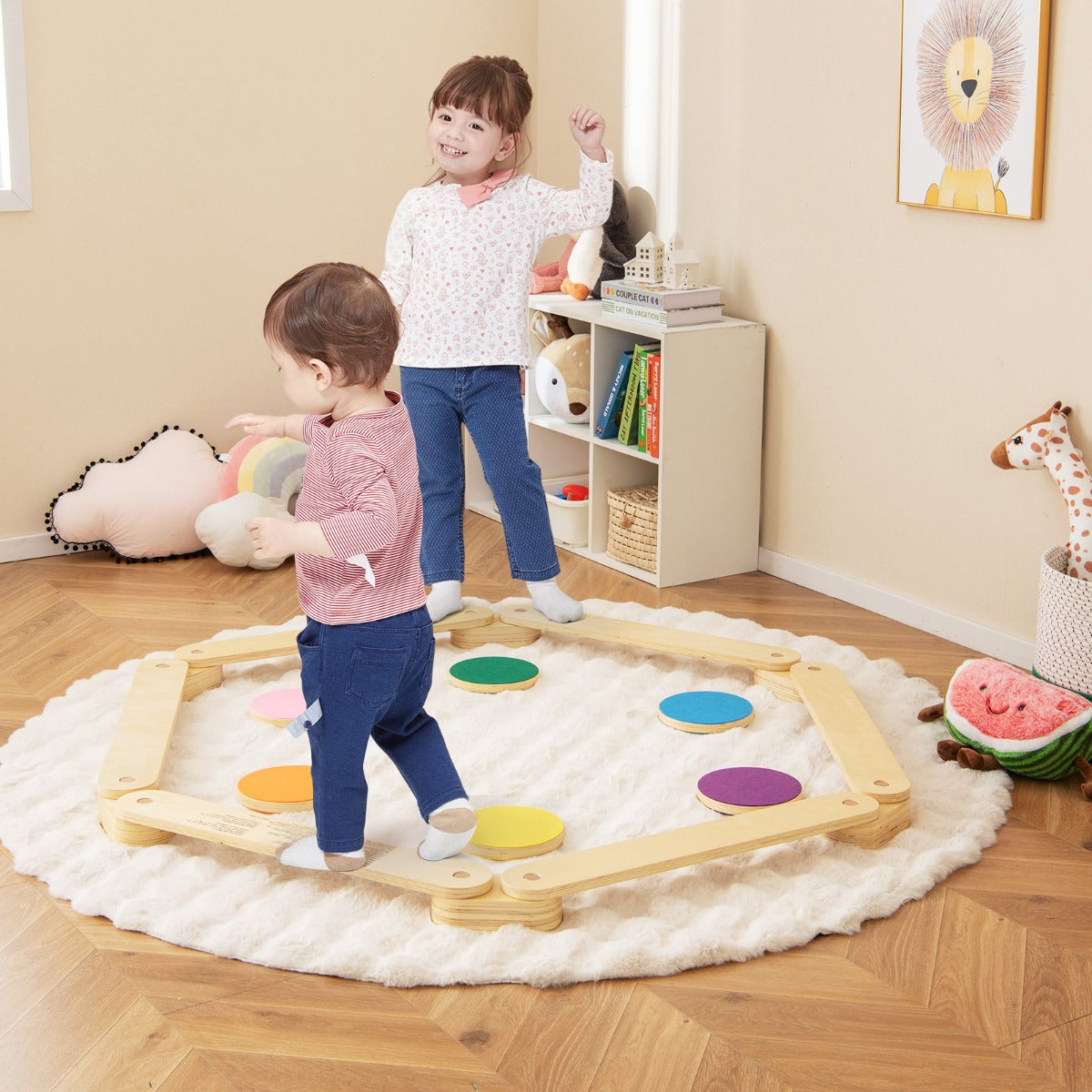 12 Pcs Kids Wooden Balance Beam with Colorful Steeping Stones