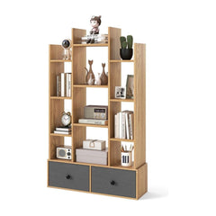 12-Tier Wooden Bookshelf with folding drawer in natural wood finish, shown against a white background