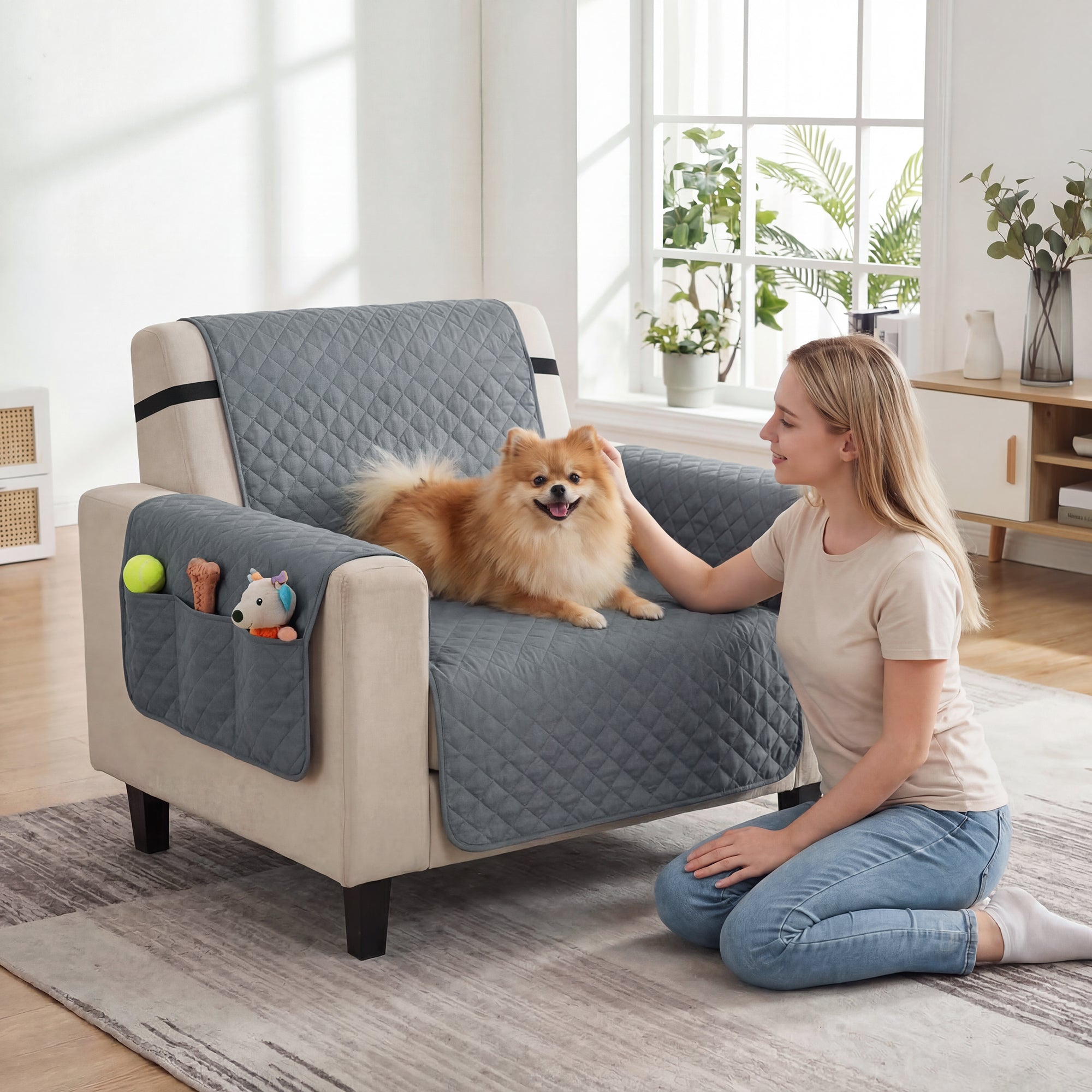 PawHut Waterproof Sofa Cover, Soft Couch Cover for Dogs Cats Pets, Non Slip Sofa Slipcoevr with Elastic Straps