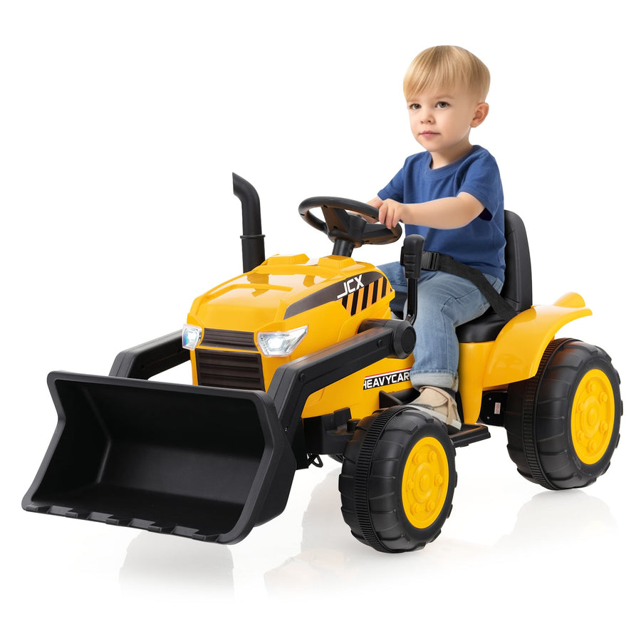 12V Battery Powered Bulldozer Digger with Adjustable Digging Bucket in yellow with a child driving
