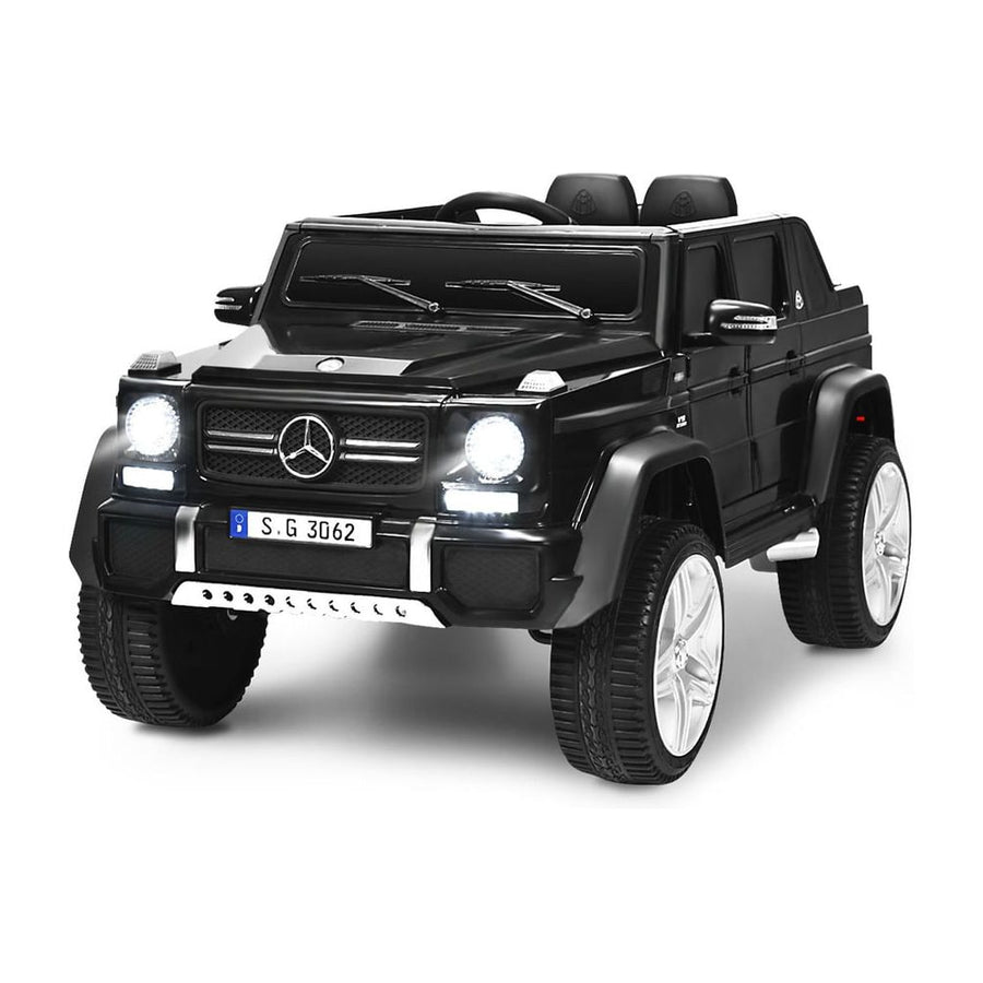 12V Electric Kids Ride On Car in black, front view with headlights on