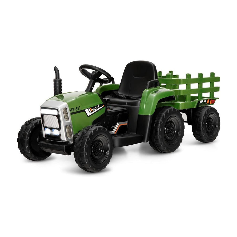 12V Kids Ride On Tractor with Trailer in dark green, front view with white LED lights and a black steering wheel