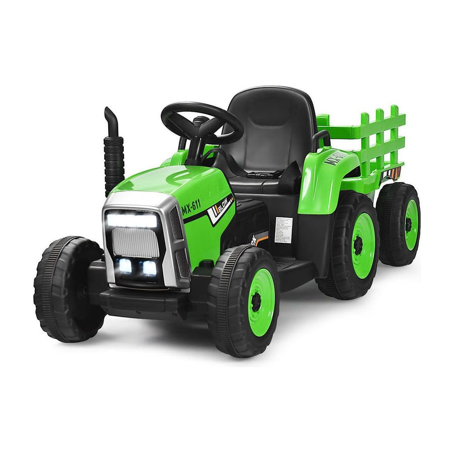 12V Kids Ride On Tractor with Trailer Music and LED Lights-Green, a green ride on tractor with a detachable trailer