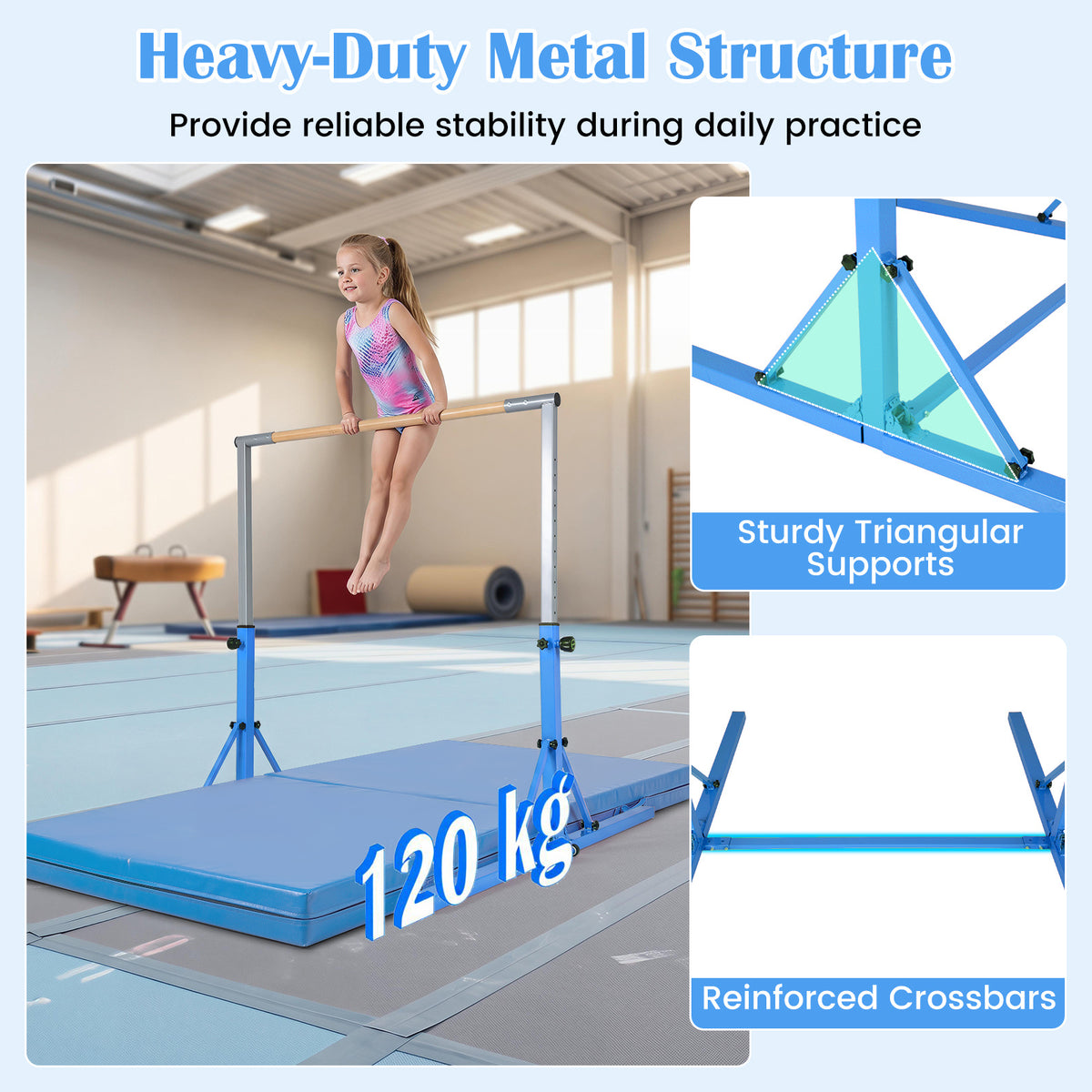 13-Level Adjustable Heights Foldable Gymnastics Bar for Kids-Blue