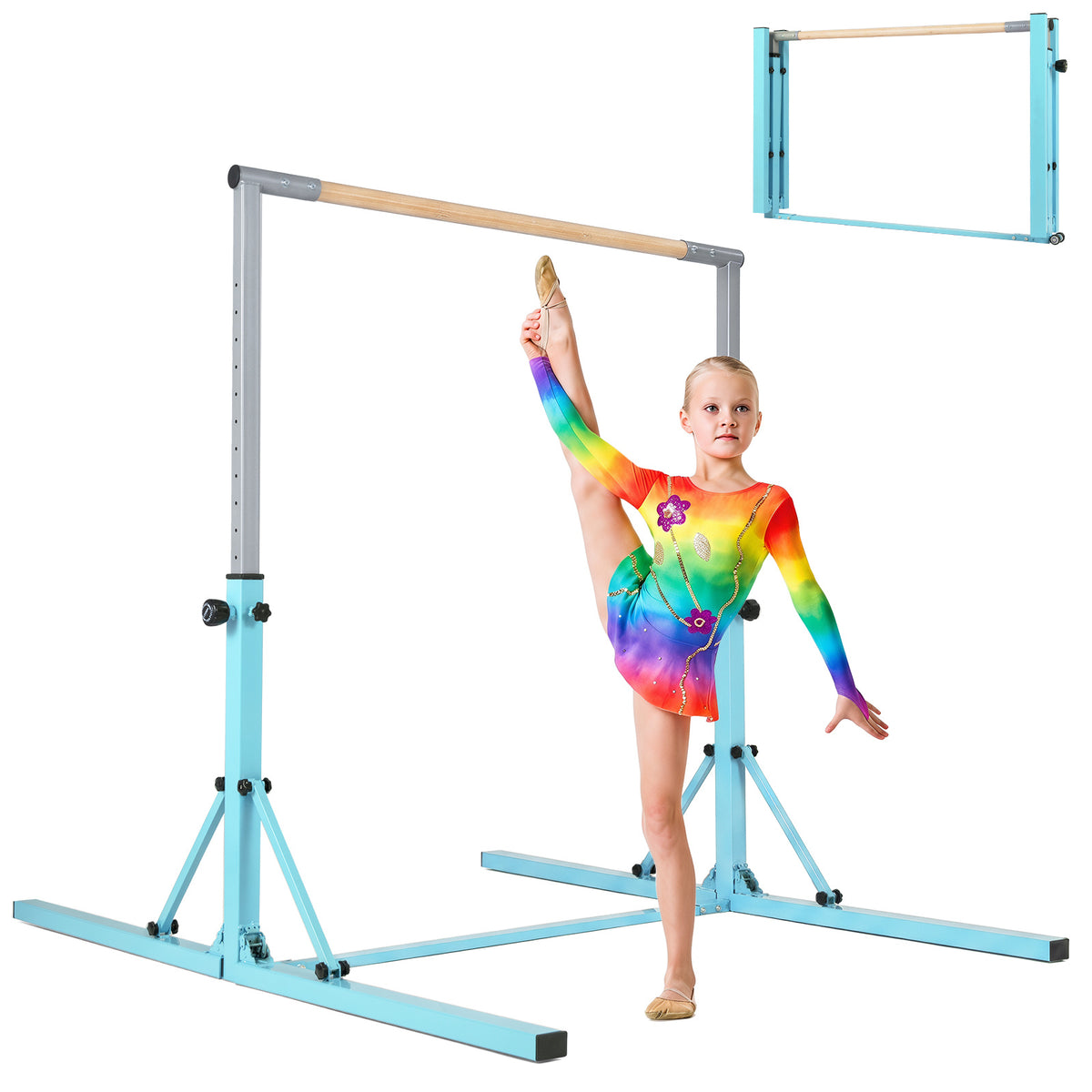13-Level Adjustable Heights Foldable Gymnastics Bar for Kids-Green