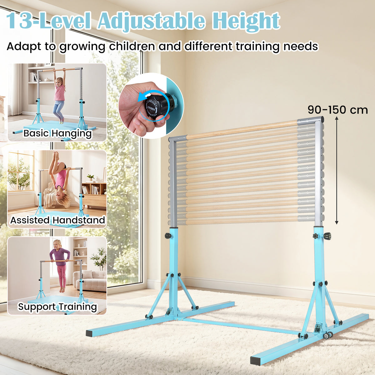 13-Level Adjustable Heights Foldable Gymnastics Bar for Kids-Green