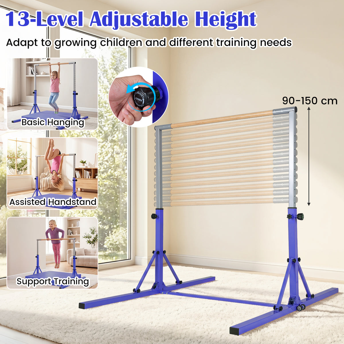 13-Level Adjustable Heights Foldable Gymnastics Bar for Kids-Purple