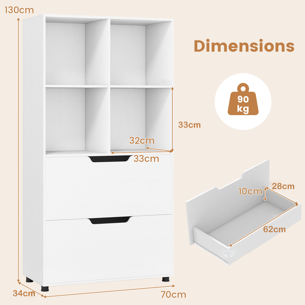 130CM 5-Tier Tall Freestanding Bookshelf for Living Room-White