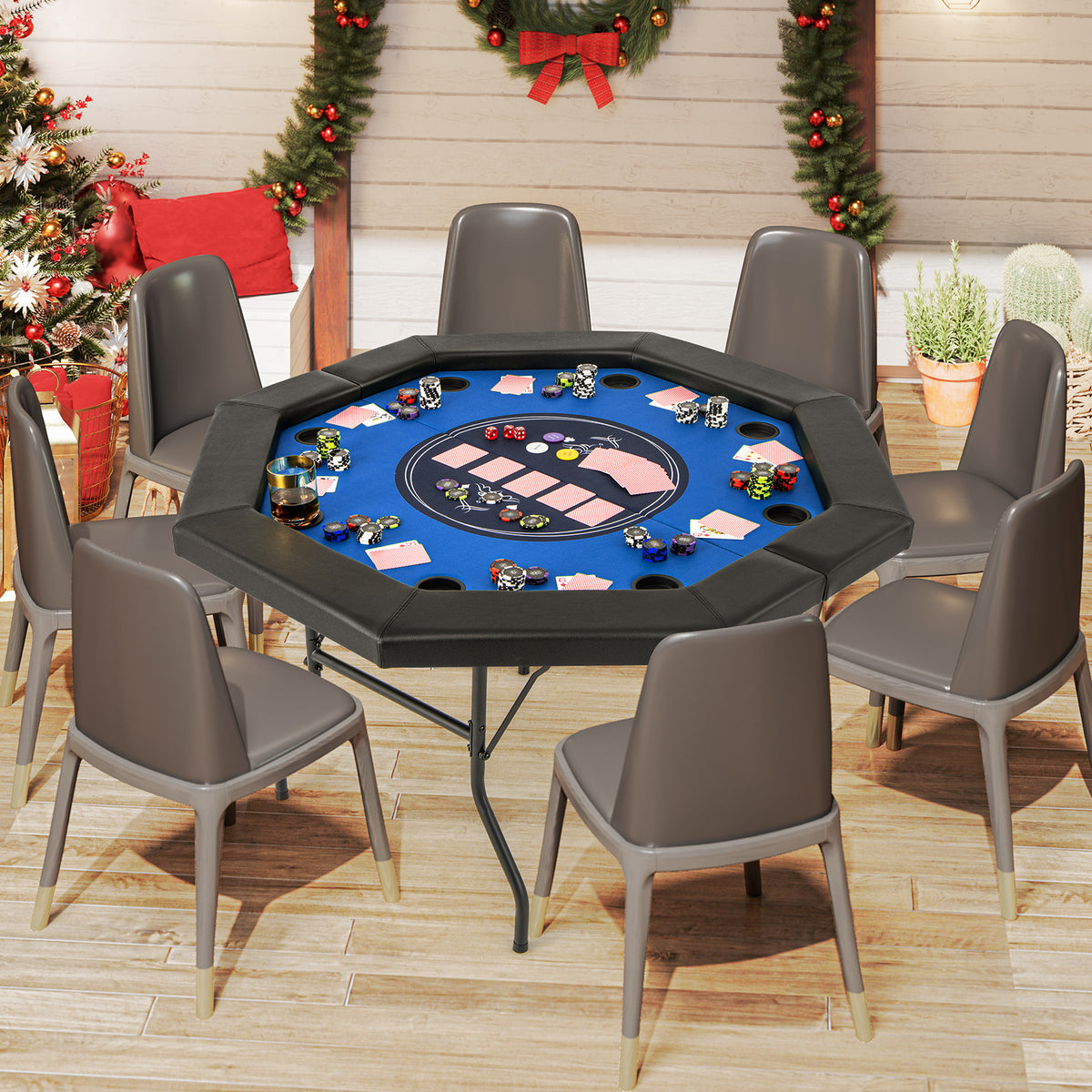 130 cm Foldable Poker Table with Padded Rails and Folding Legs for 8 Players-Blue