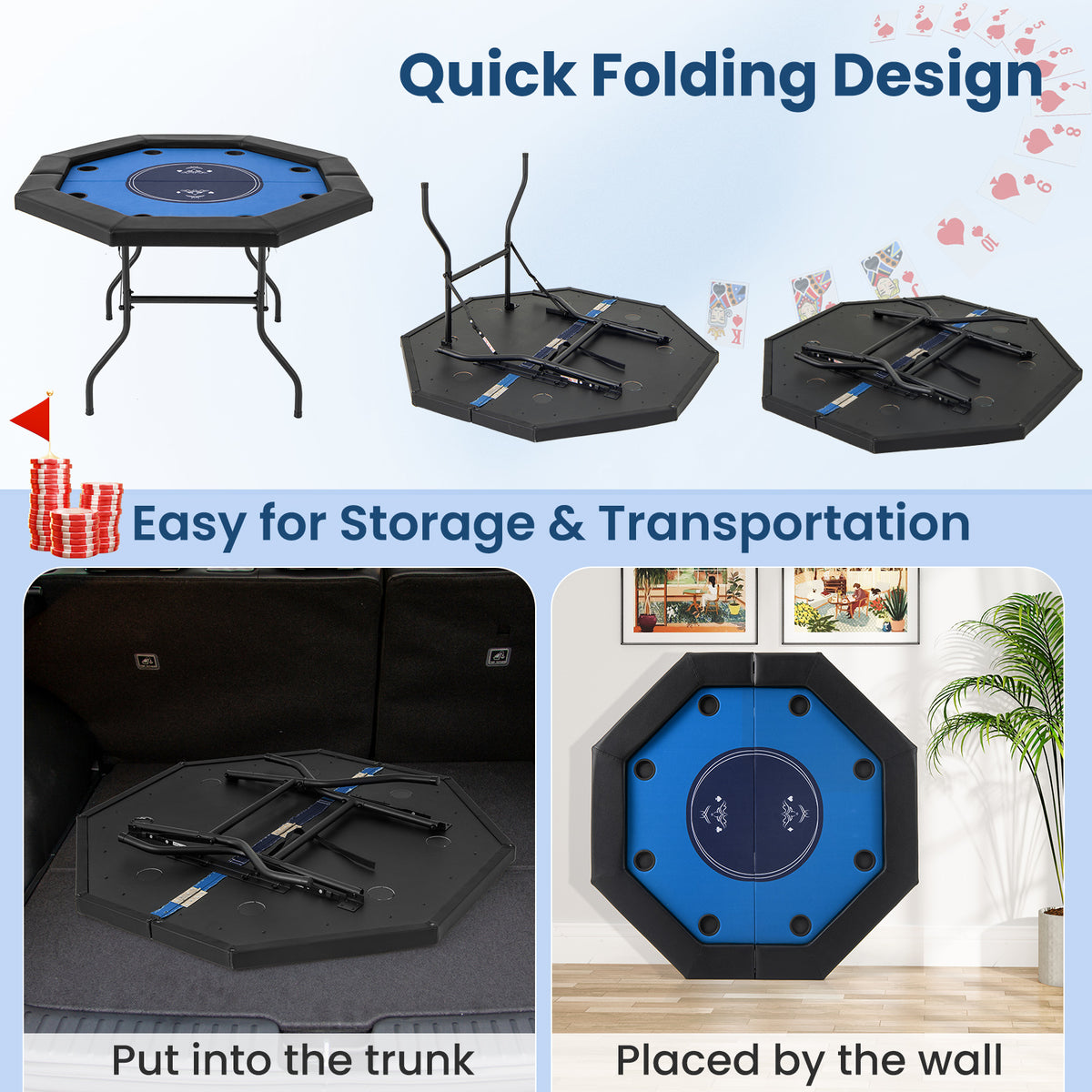 130 cm Foldable Poker Table with Padded Rails and Folding Legs for 8 Players-Blue