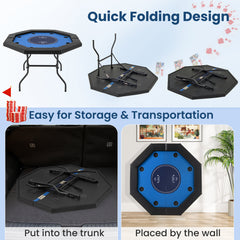 130 cm Foldable Poker Table with Padded Rails and Folding Legs for 8 Players-Blue
