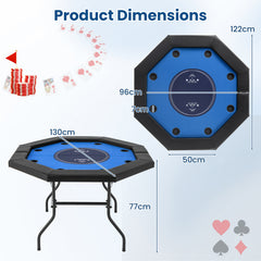 130 cm Foldable Poker Table with Padded Rails and Folding Legs for 8 Players-Blue