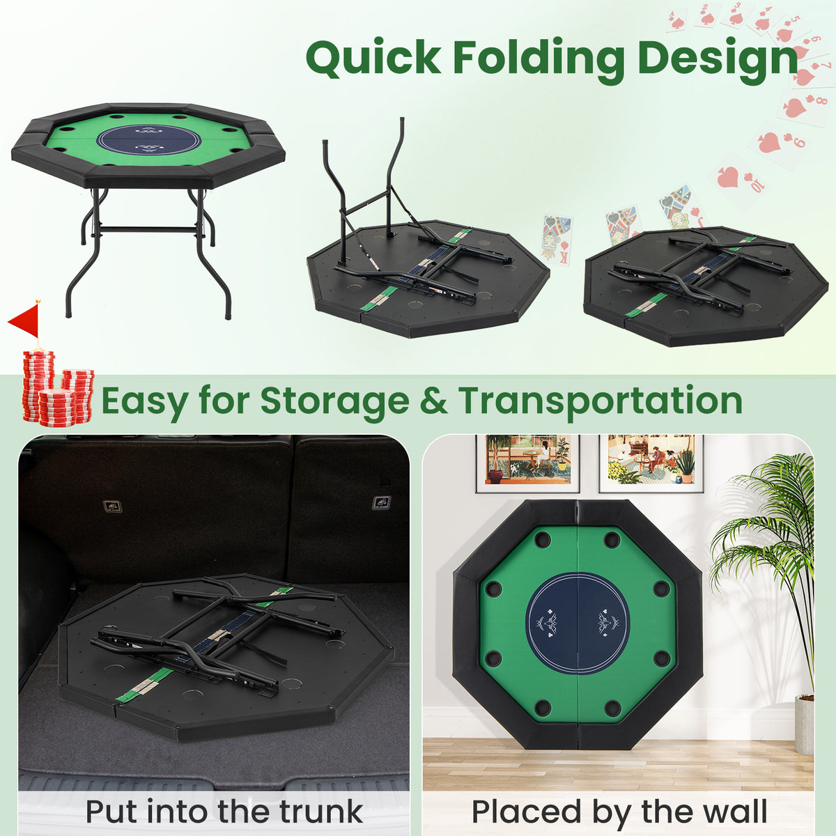 130 cm Foldable Poker Table with Padded Rails and Folding Legs for 8 Players-Green