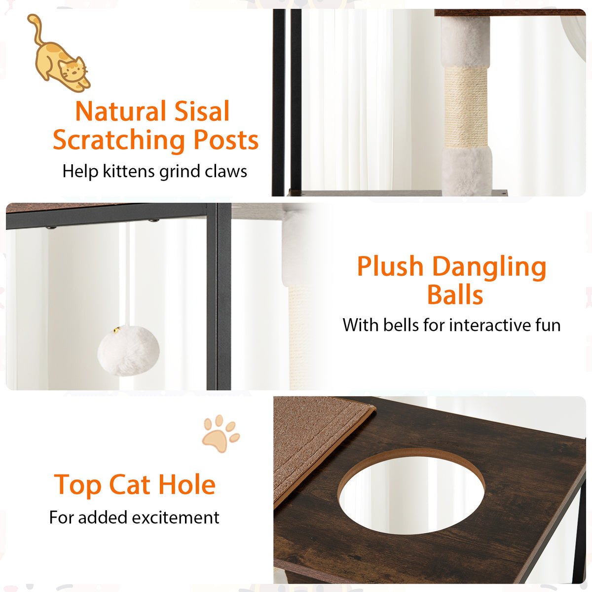 131CM Tall Wooden Cat Tree with Metal Frame Sisal Scratching Posts-Natural