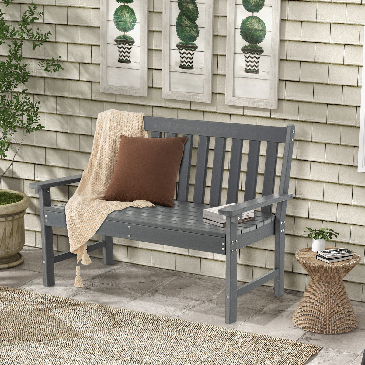 132 CM All-Weather HDPE Garden Bench with Backrest and Armrests-Grey