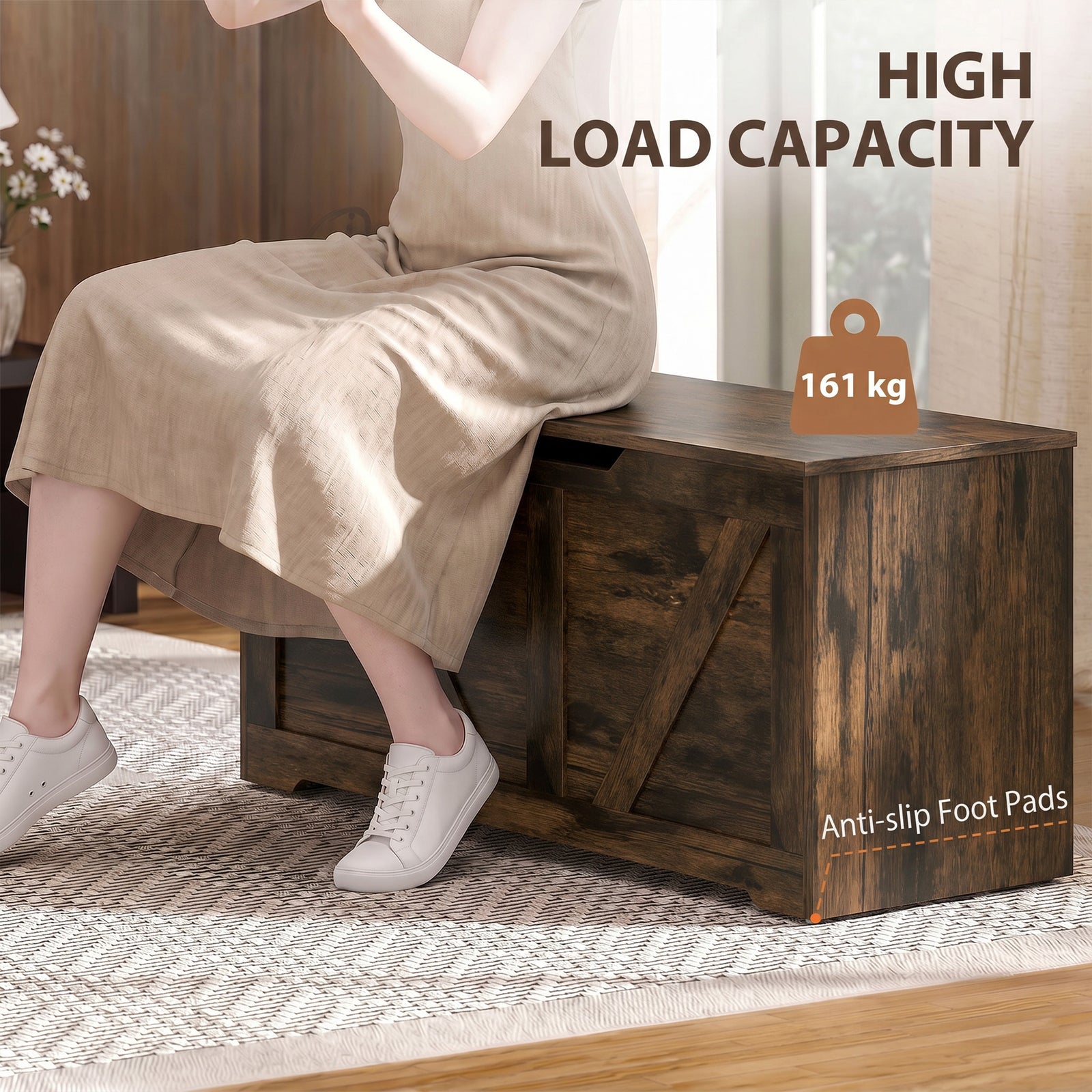 HOMCOM 127L Home Storage Box, with Safety Hinges - Rustic Brown Wood-Effect