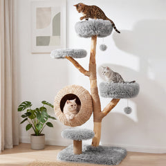 134CM 5-Tier Cat Tree with Woven Cat Condo and Hanging Balls-Grey