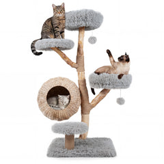 134CM 5-Tier Cat Tree with Woven Cat Condo and Hanging Balls-Grey