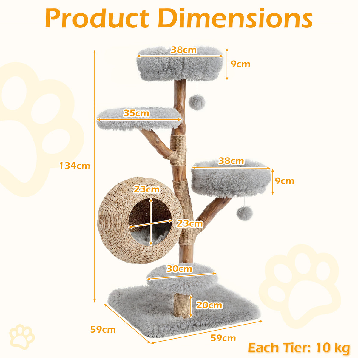 134CM 5-Tier Cat Tree with Woven Cat Condo and Hanging Balls-Grey