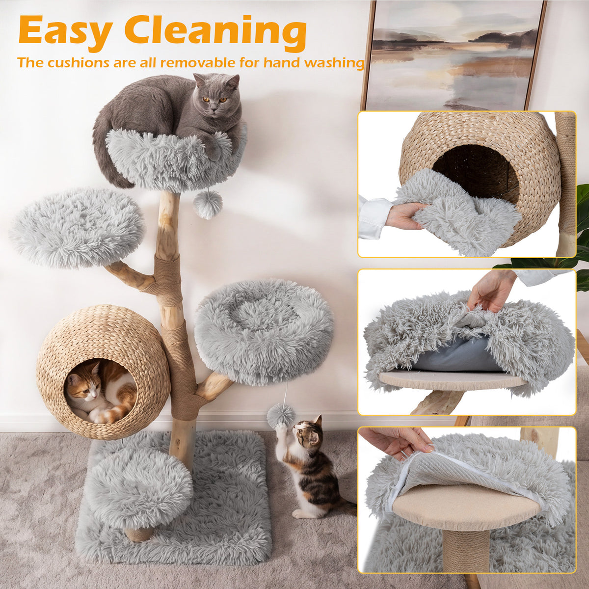 134CM 5-Tier Cat Tree with Woven Cat Condo and Hanging Balls-Grey
