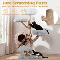 134CM 5-Tier Cat Tree with Woven Cat Condo and Hanging Balls-Grey