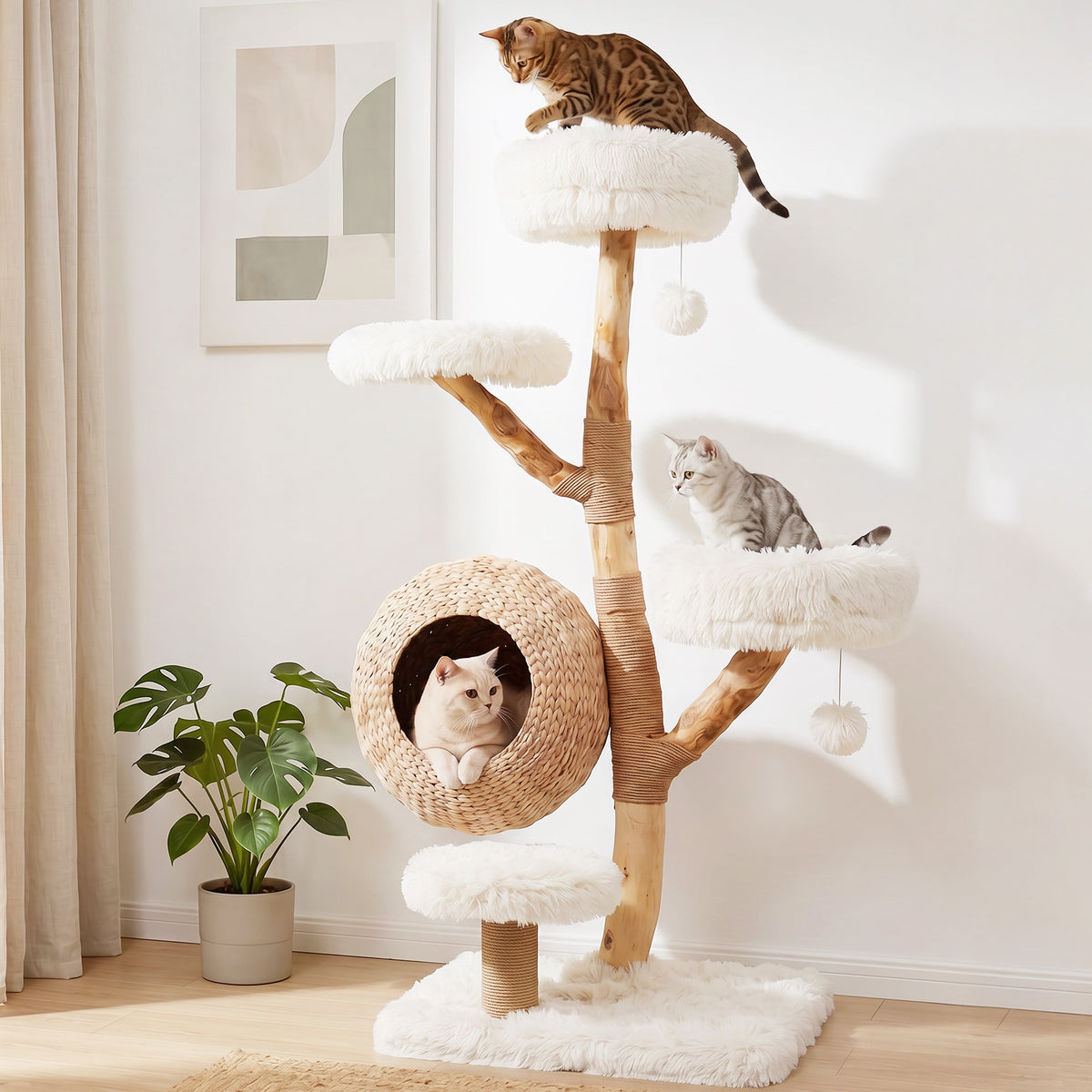 134CM 5-Tier Cat Tree with Woven Cat Condo and Hanging Balls-White