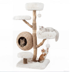 134CM 5-Tier Cat Tree with Woven Cat Condo and Hanging Balls-White