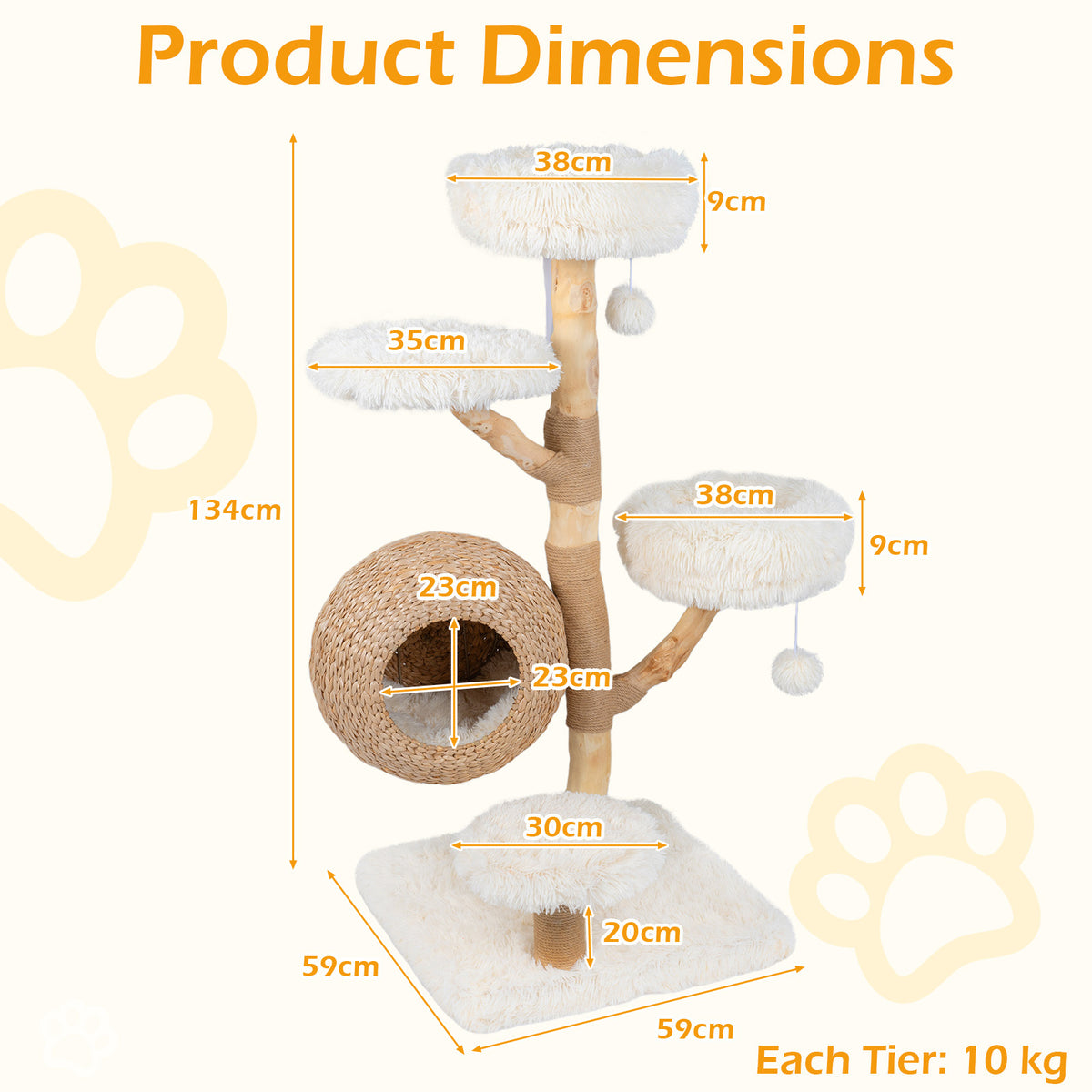134CM 5-Tier Cat Tree with Woven Cat Condo and Hanging Balls-White