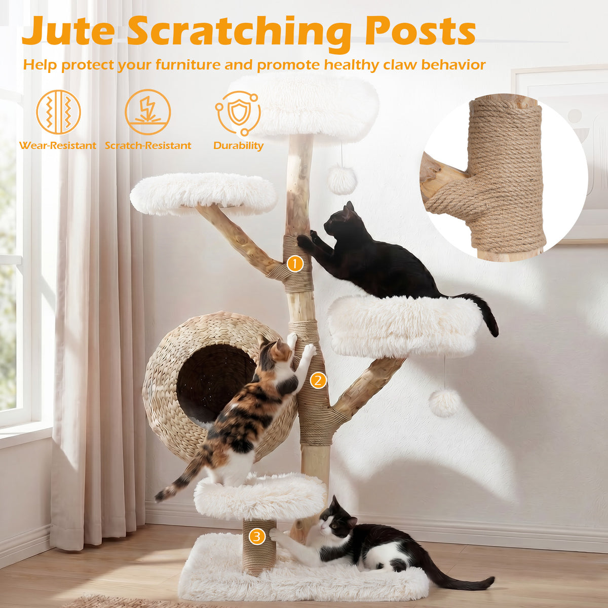 134CM 5-Tier Cat Tree with Woven Cat Condo and Hanging Balls-White