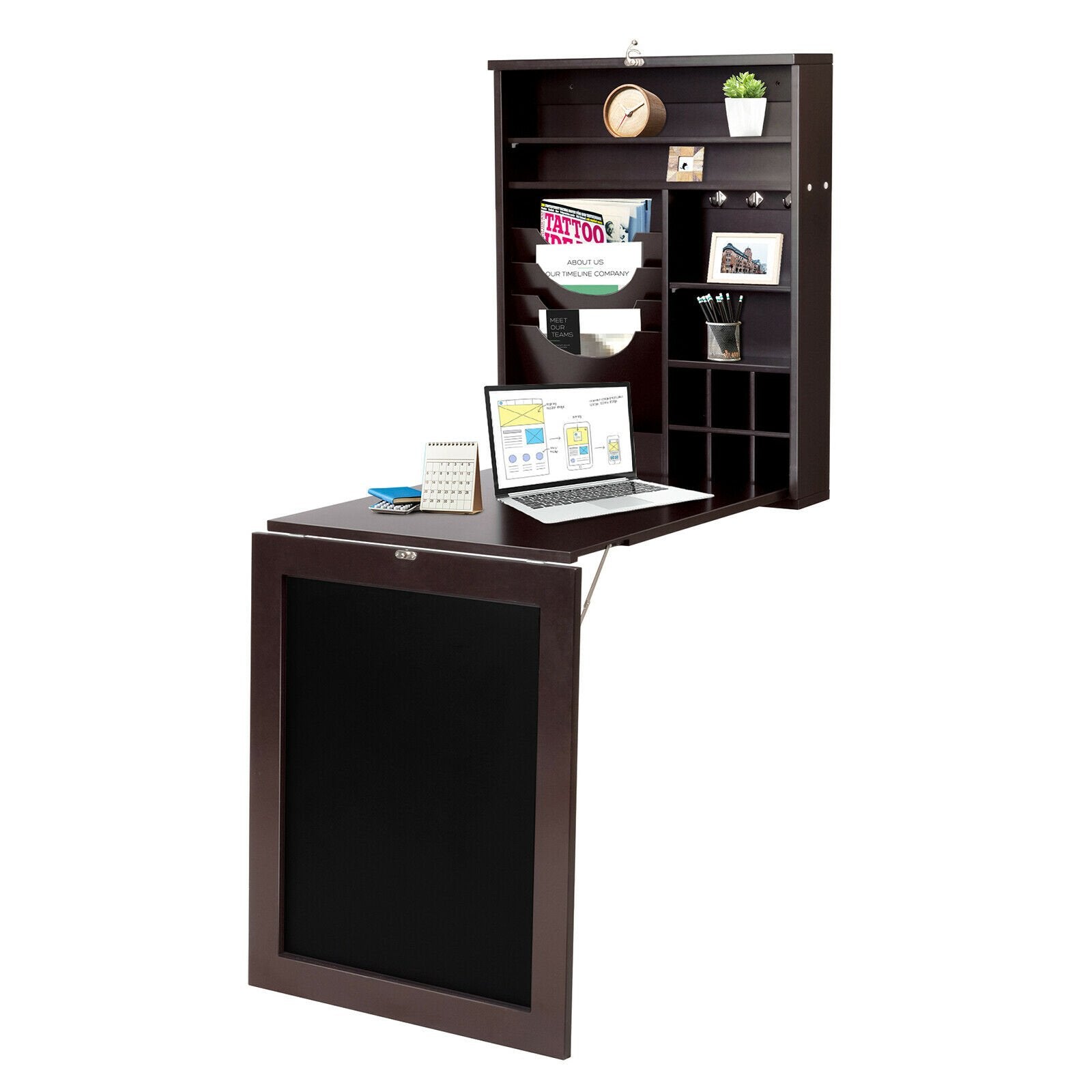 Multi-Function Folding Wall-Mounted Drop-Leaf Table with Chalkboard-Brown