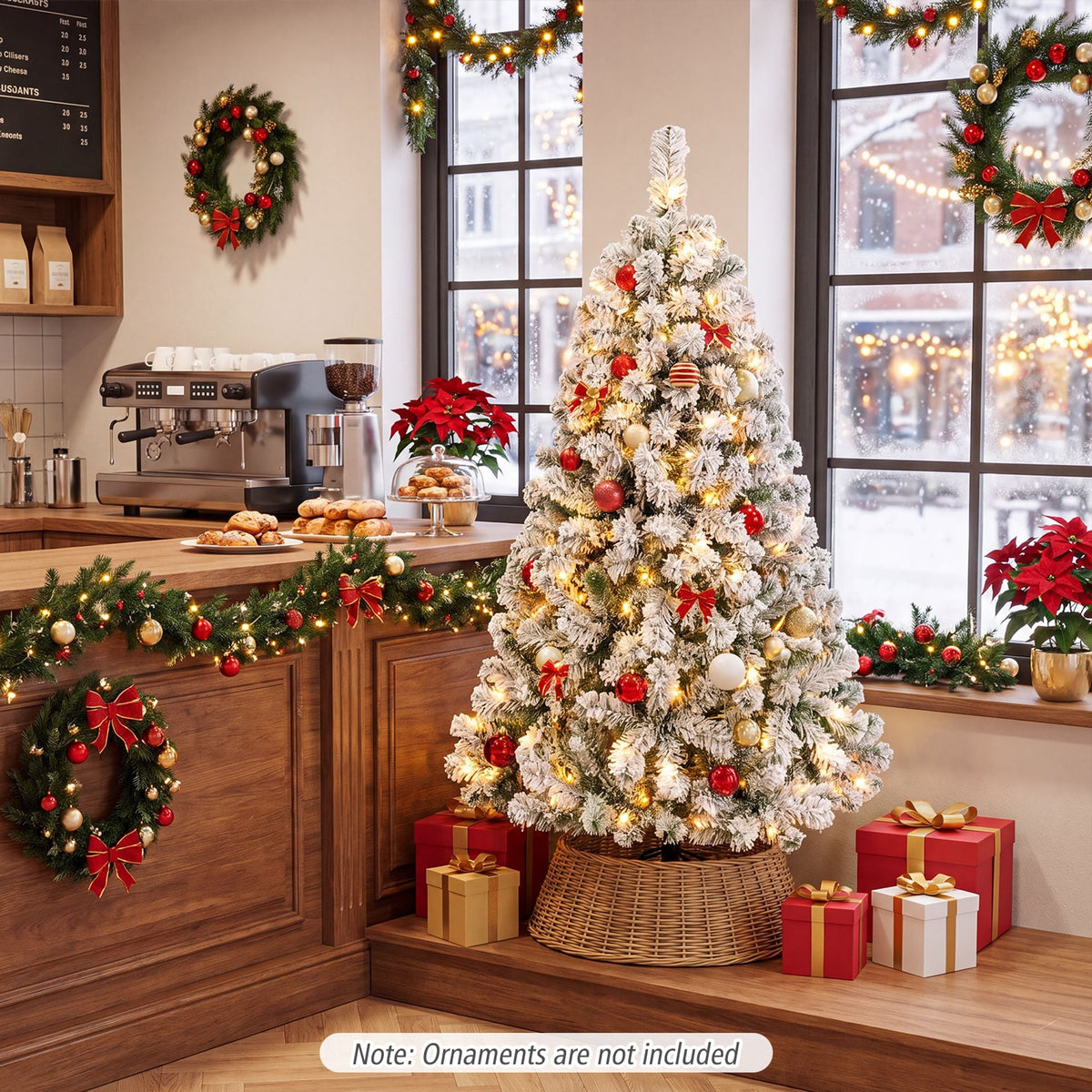 137cm Artificial Snow-Flocked Christmas Tree with Branch Tips and Warm White LED Lights