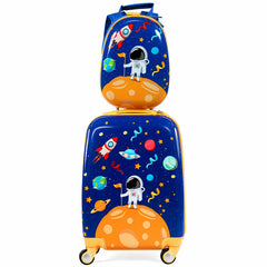 Navy blue kids backpack and suitcase with astronaut and rocket designs