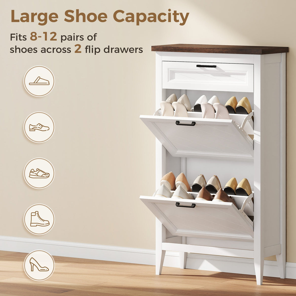 HOMCOM Shoe Cabinet with 2 Flip Drawers, Farmhouse Narrow Shoe Storage Cabinet with Adjustable Shelves, White