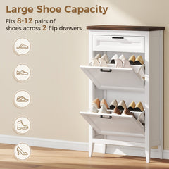 HOMCOM Shoe Cabinet with 2 Flip Drawers, Farmhouse Narrow Shoe Storage Cabinet with Adjustable Shelves, White
