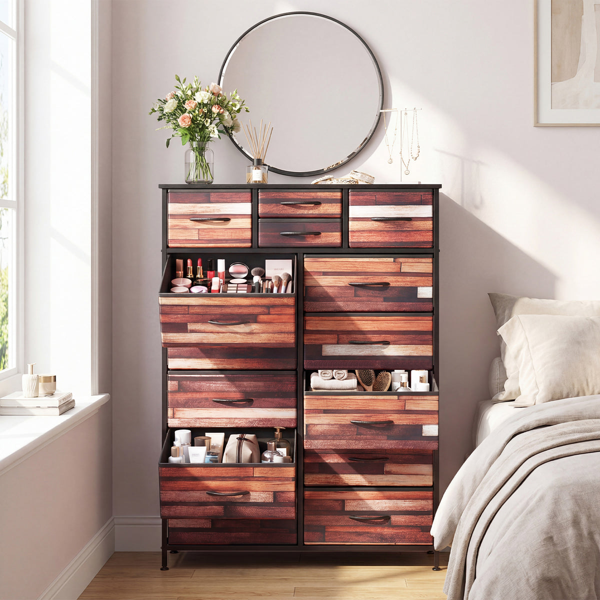 14-Drawer Dresser Tall Storage Chest with Metal Frame-Brown