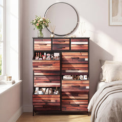 14-Drawer Dresser Tall Storage Chest with Metal Frame-Brown
